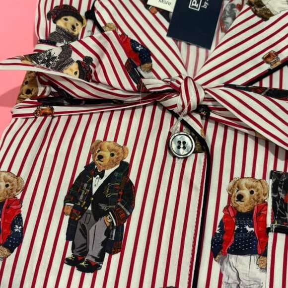 $198 Women's Ralph Lauren Polo Bear Cotton Sateen Red Pajamas 2-pc Gift Bag Set